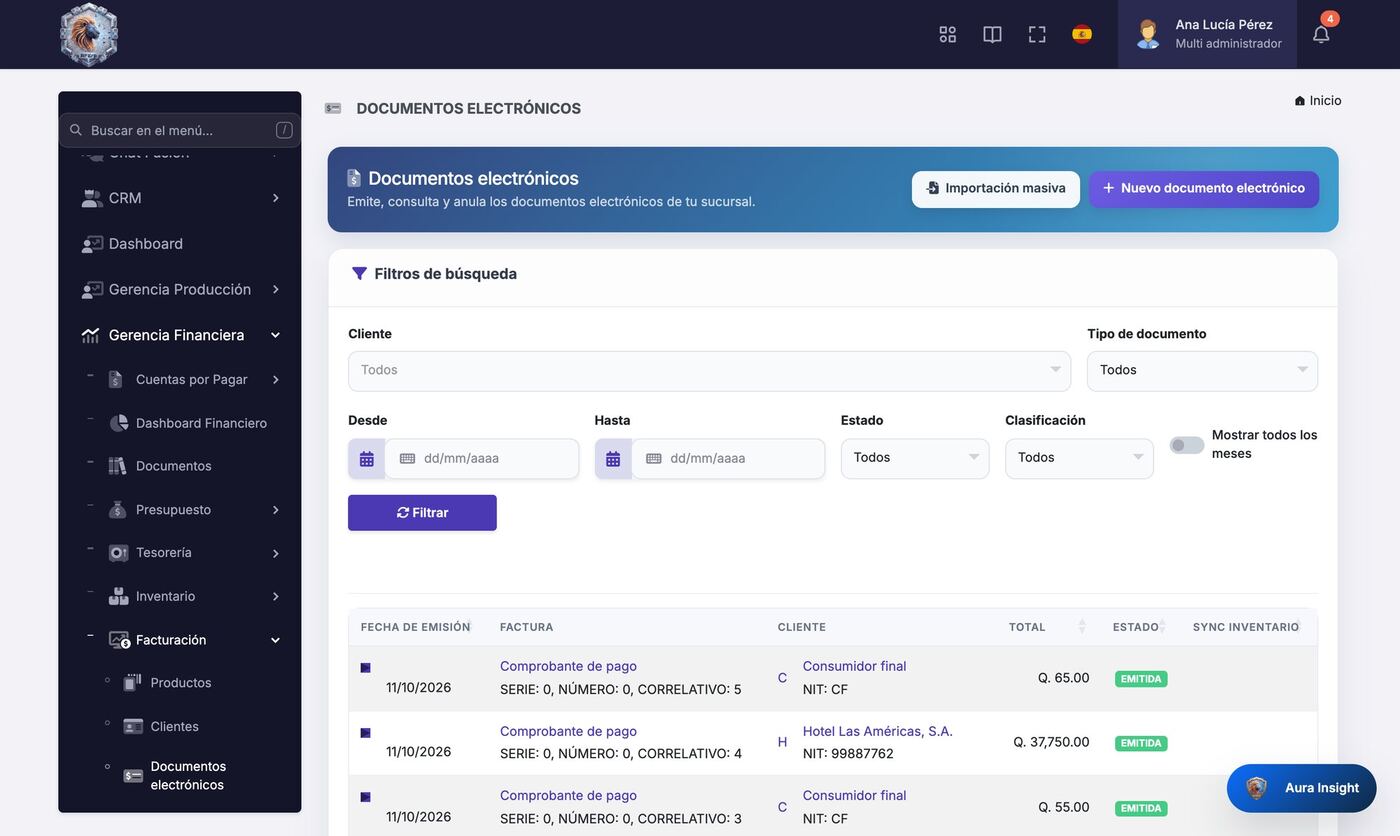 Captura del módulo Facturación electrónica de RoyaltyFusion ERP