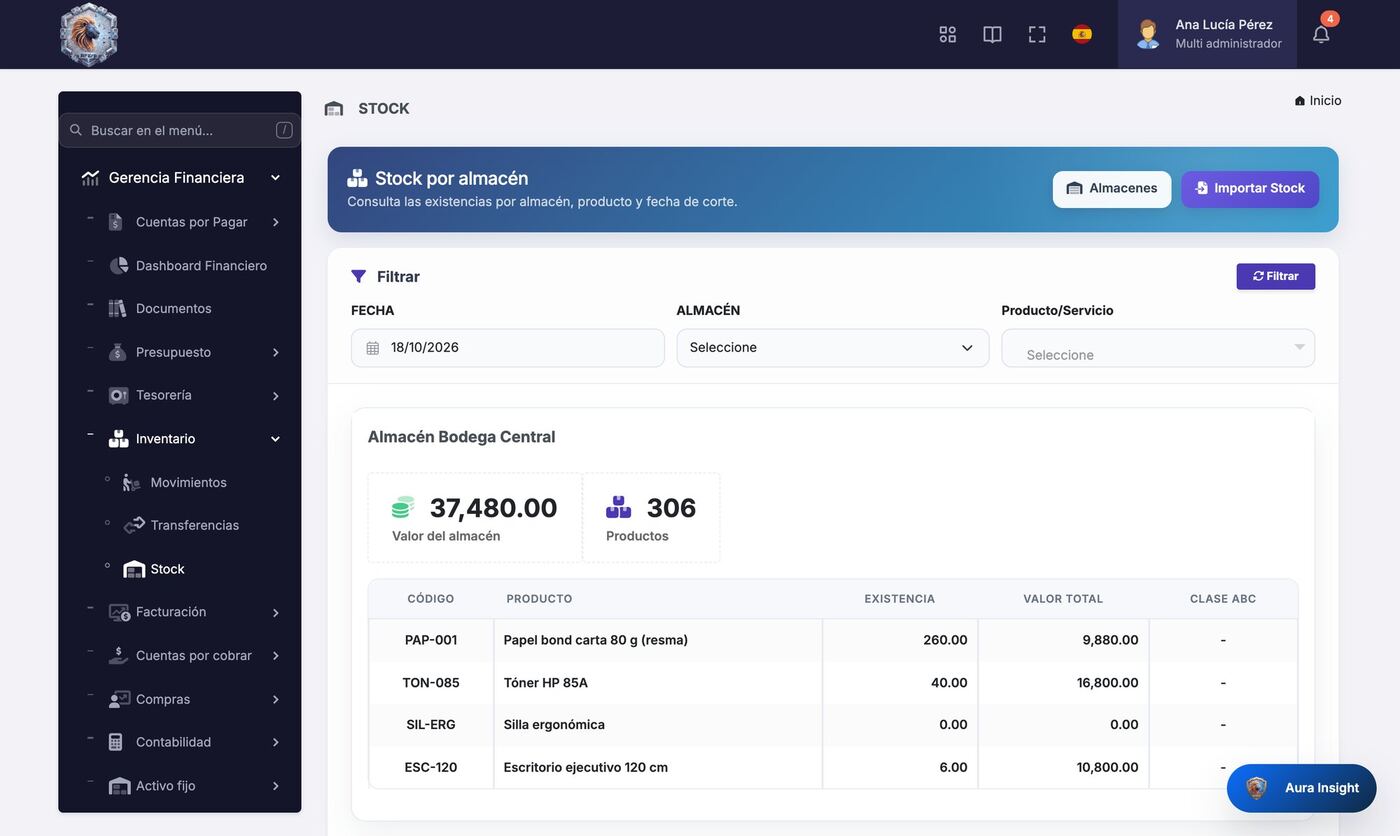 Captura del módulo Inventario y compras de RoyaltyFusion ERP