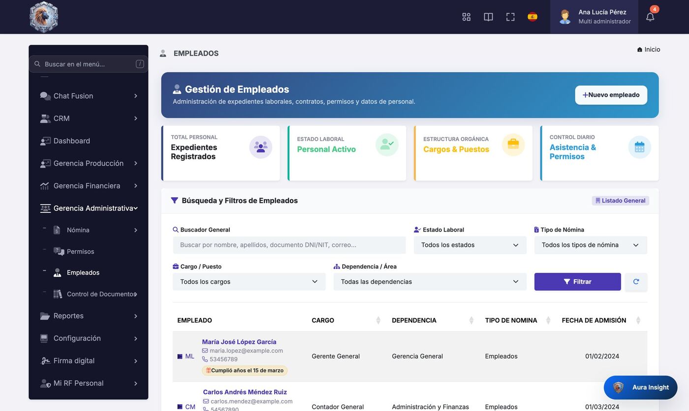 Captura del módulo Recursos humanos y nómina de RoyaltyFusion ERP