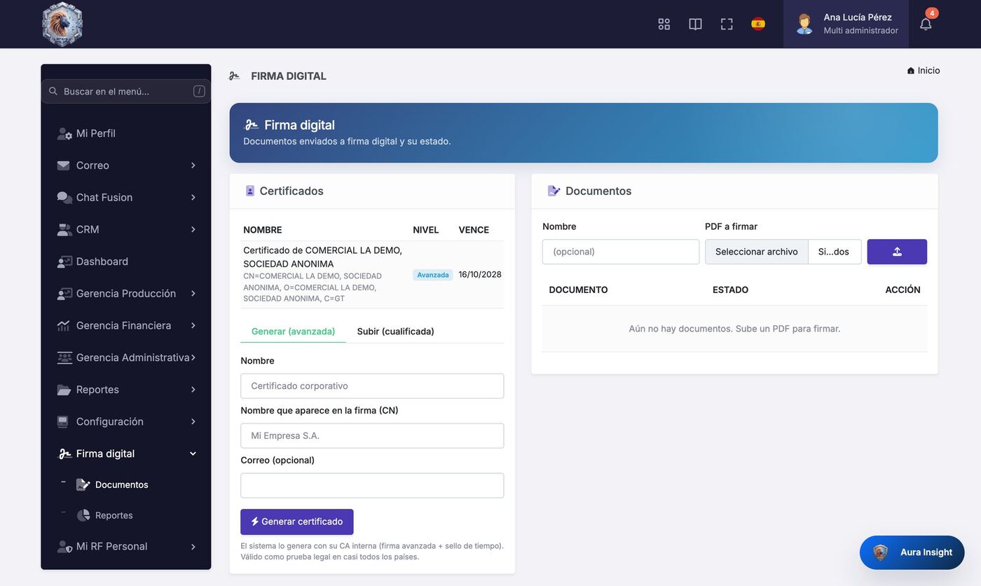 Captura del módulo Firma digital y documentos de RoyaltyFusion ERP