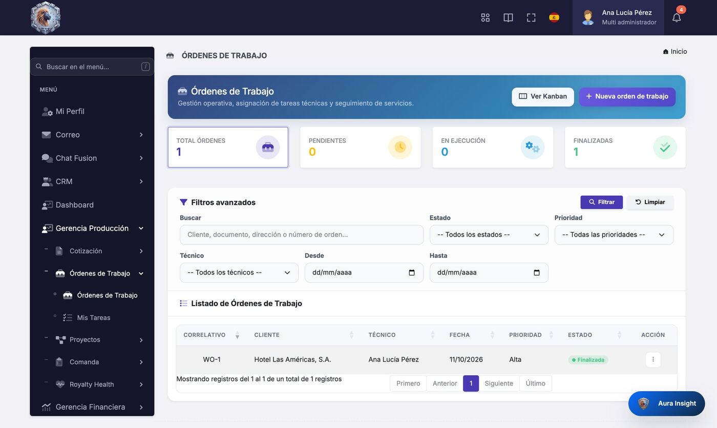 Captura del módulo Órdenes de trabajo de RoyaltyFusion ERP