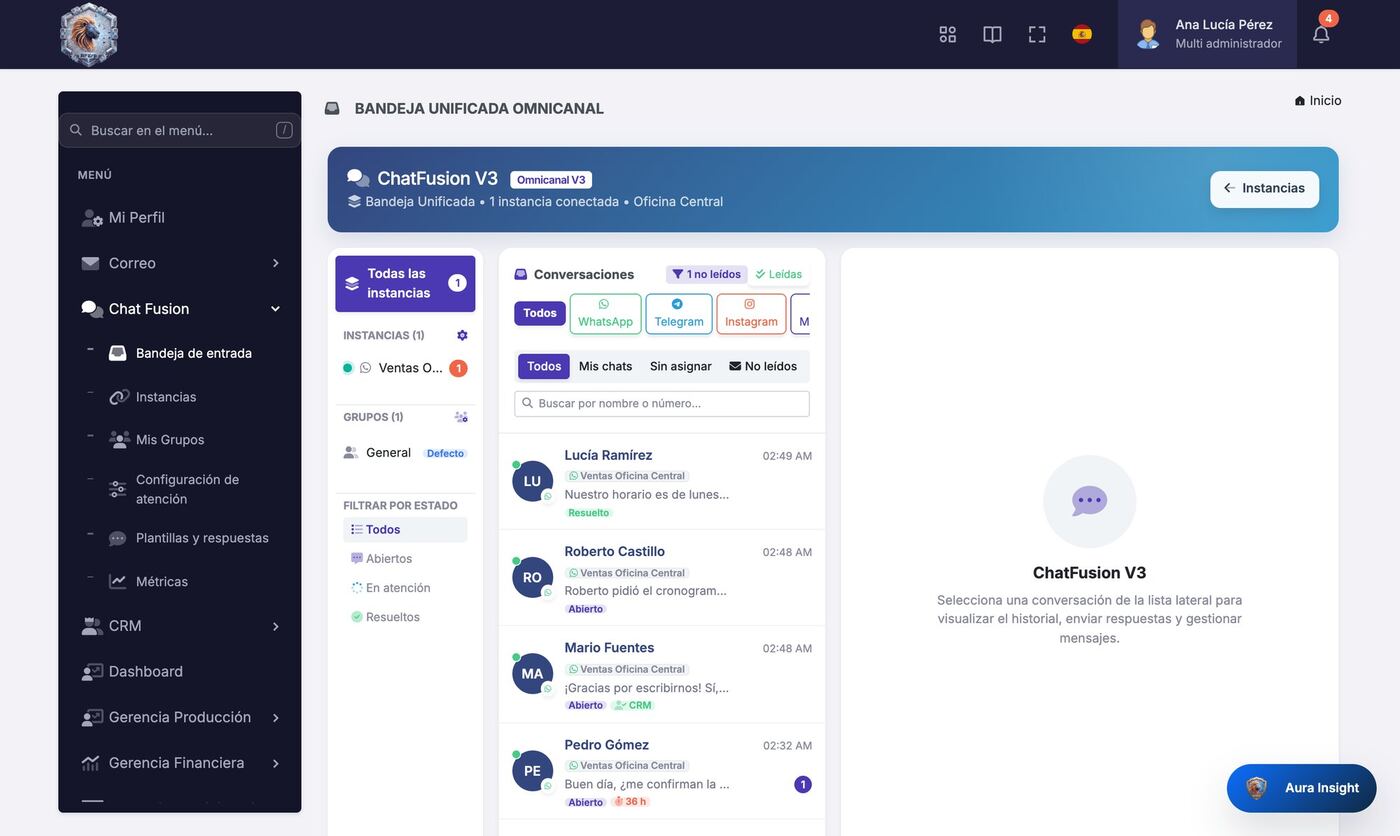 Captura del módulo ChatFusion · WhatsApp de RoyaltyFusion ERP